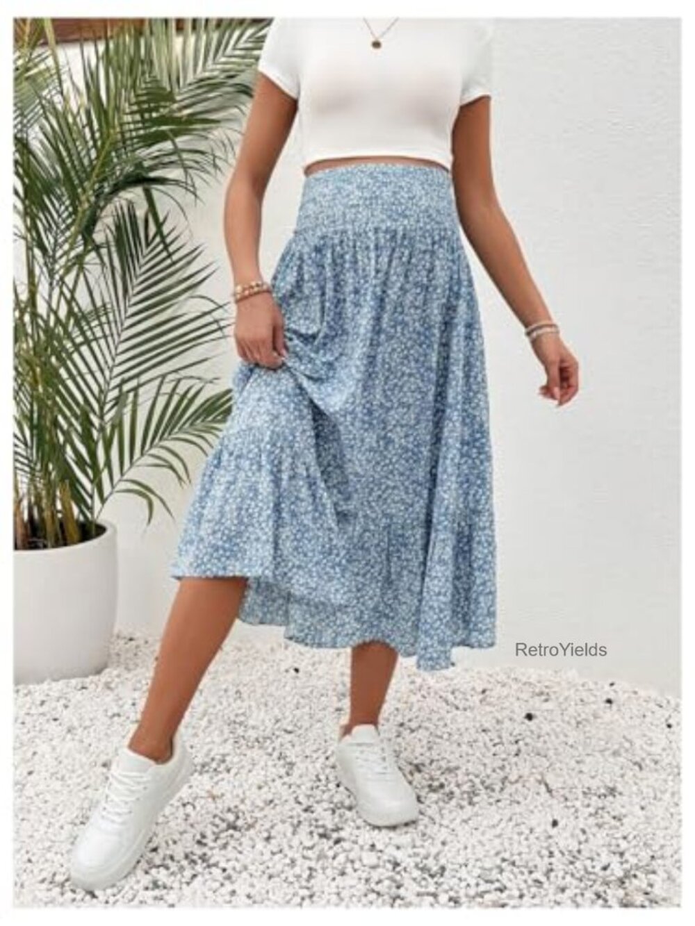 Maternity Floral Midi Skirt - Shirred High Waisted Flowy Casual Pregnancy Skirt - Picture 3 of 6